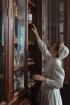 Woman in White Dress Reaching Out for Glass Item in Cupboard